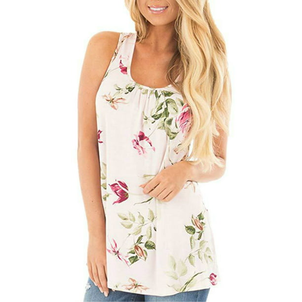 Womens V Neck Floral Printed Tank Tops Ladies Summer Loose Fit Vest T-shirt Tee